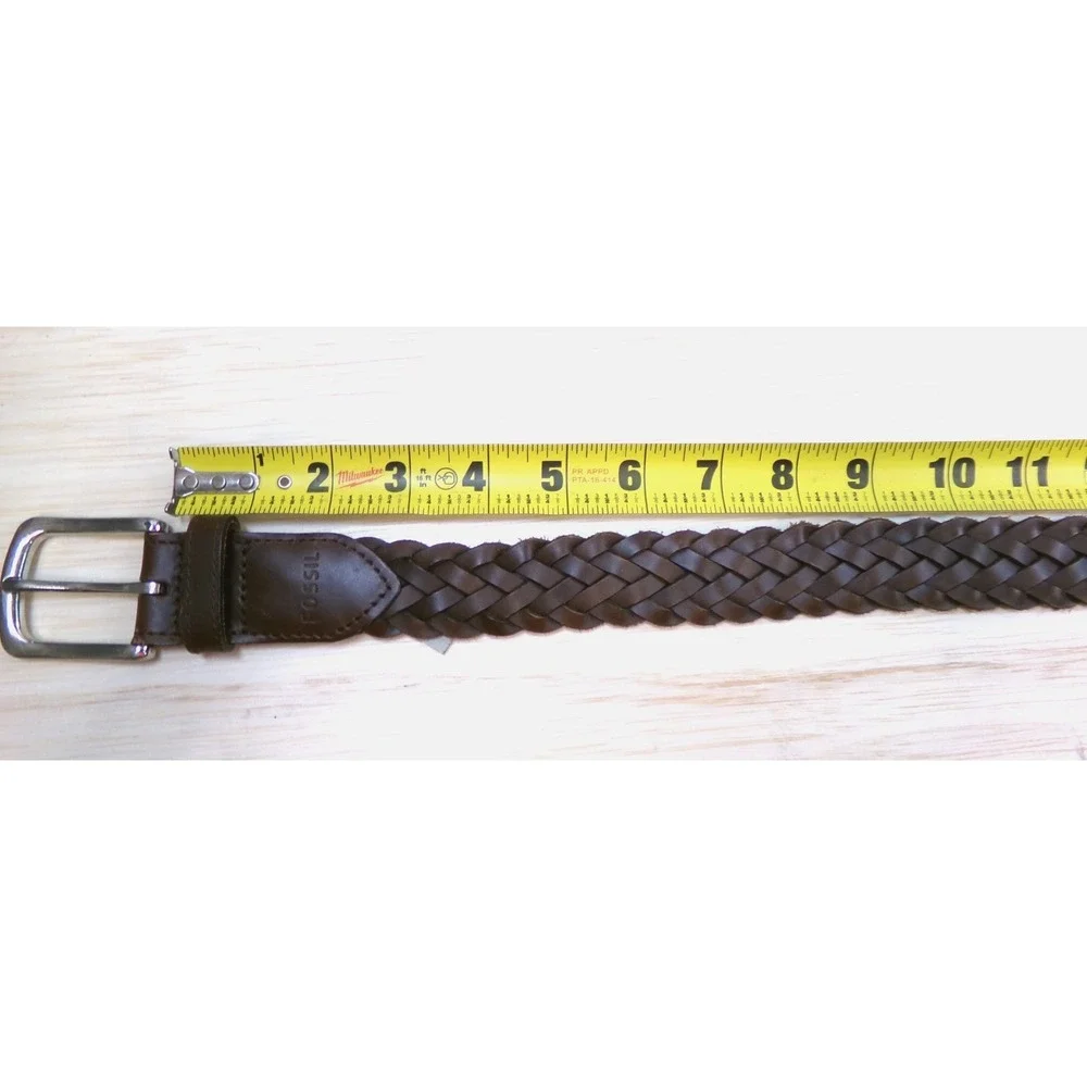Fossil Men's Braided Leather Belt Brown Size 34 Silver Tone Buckle